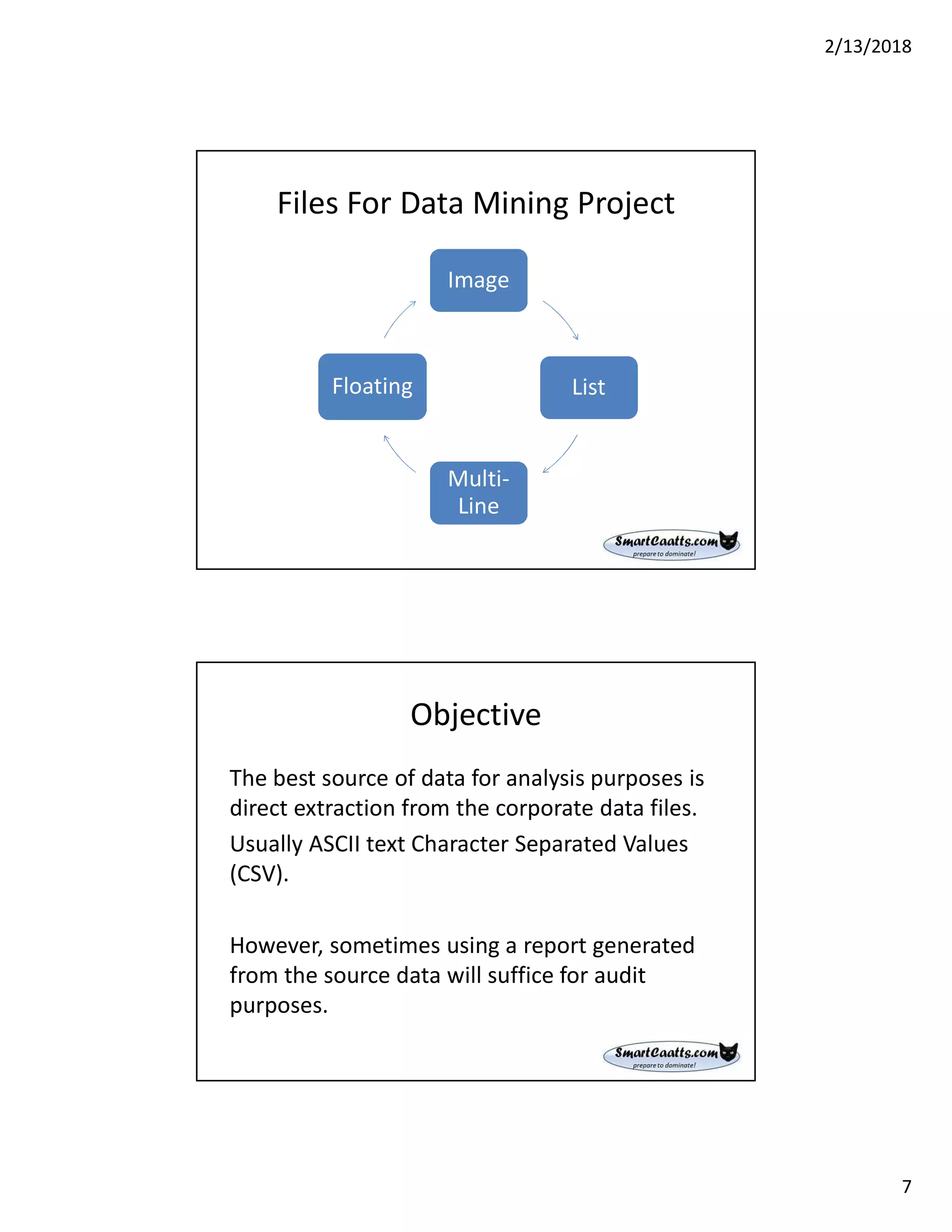 2/13/2018
7
Files For Data Mining Project
Image
List
Multi-
Line
Floating
Objective
The best source of data for analysis purposes is
direct extraction from the corporate data files.
Usually ASCII text Character Separated Values
(CSV).
However, sometimes using a report generated
from the source data will suffice for audit
purposes.
 