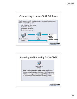 2/13/2018
18
Connecting to Your CAAT DA Tools
Acquiring and Importing Data - ODBC
 