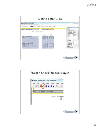 2/13/2018
31
Define data fields
“Green Check” to apply layer
 