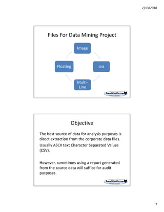 2/13/2018
7
Files For Data Mining Project
Image
List
Multi-
Line
Floating
Objective
The best source of data for analysis purposes is
direct extraction from the corporate data files.
Usually ASCII text Character Separated Values
(CSV).
However, sometimes using a report generated
from the source data will suffice for audit
purposes.
 