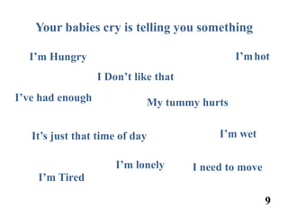 Your babies cry is telling you something

  I’m Hungry                                  I’m hot
                  I Don’t like that
I’ve had enough             My tummy hurts

   It’s just that time of day              I’m wet

                      I’m lonely      I need to move
    I’m Tired

                                                       9
 