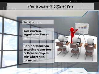 Boss don’trun
organisationhimself
!!!!!!
He run organisation
accordingto one, two
or three employees
with whom he is
connected.
How to deal with Difficult Boss
Secretis ……..
 