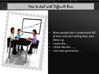 • Many people don’t understand NIC
of boss and start telling their own
ideas e.g.
• I want this…..
• I think like this ……
• I am new generation….
How to deal with Difficult Boss
 
