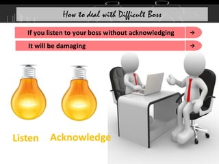 →
If you listen to your boss without acknowledging
Listen Acknowledge
→
It will be damaging
How to deal with Difficult Boss
 
