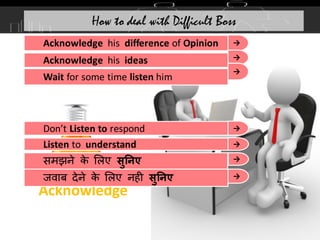 →
Acknowledge his difference of Opinion
Acknowledge
→
Acknowledge his ideas
How to deal with Difficult Boss
→
Wait for some time listen him
→
Don’t Listen to respond
→
Listen to understand
→
समझने क
े लिए सुनिए
→
जवाब देने क
े लिए नही सुनिए
 