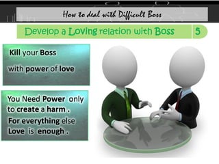 Kill your Boss
You Need Power only
to create a harm .
How to deal with Difficult Boss
5
Develop a Loving relation with Boss
with power of love
For everything else
Love is enough .
You Need Power only
to create a harm .
 