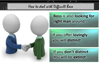 Boss is also looking for
right man around .
How to deal with Difficult Boss
If you offer lovingly
you will distinct
If you don’t distinct
You will be extinct.
 