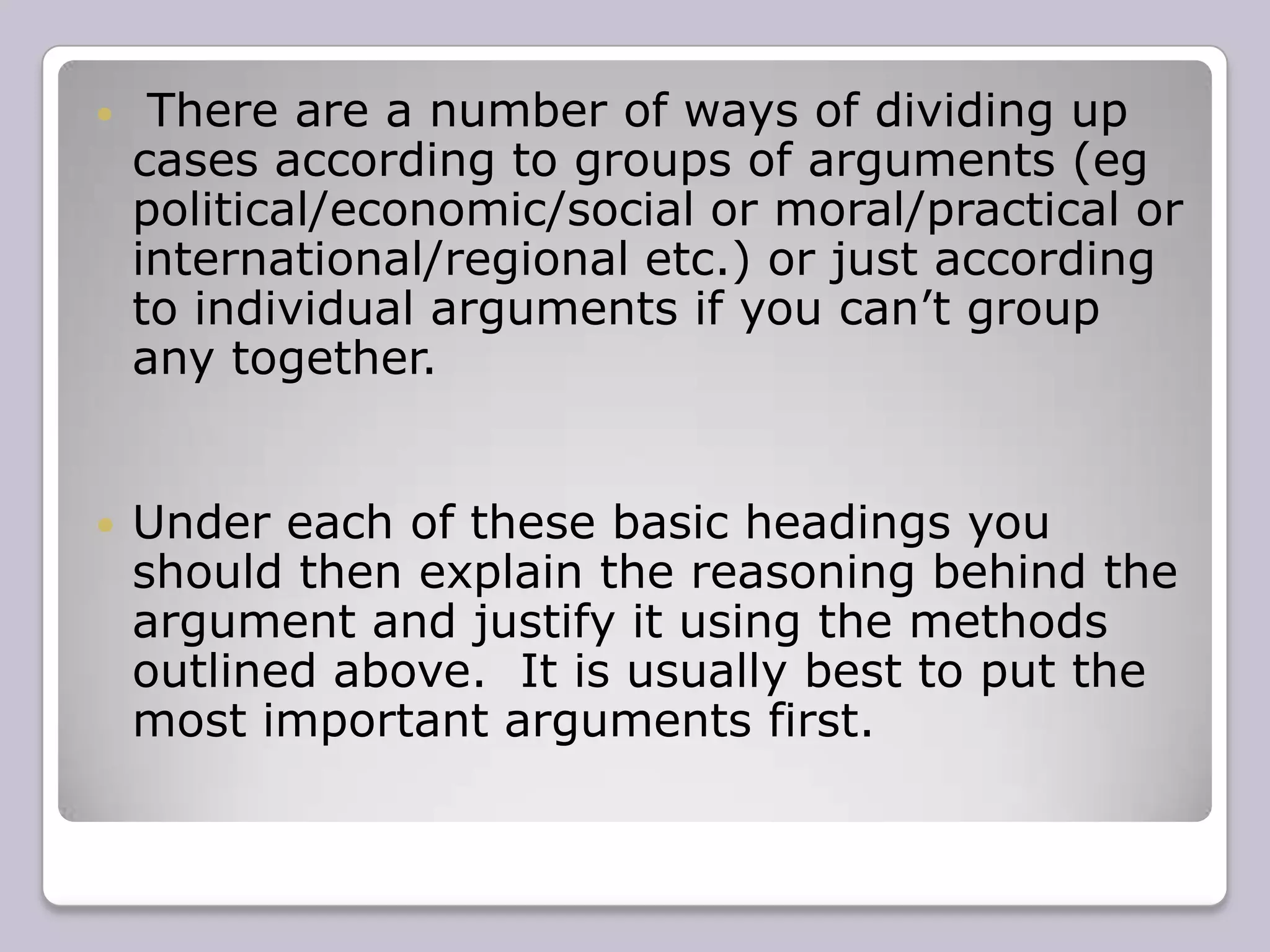 When writing notes for rebuttal during the debate, it is usually better to use a separate sheet of paper so you can take down the details of what the other speakers have said and then transfer a rough outline onto the notes you will actually be using. Eye contact with the audience is very important, but keep shifting your gaze. No one likes to be stared at. 