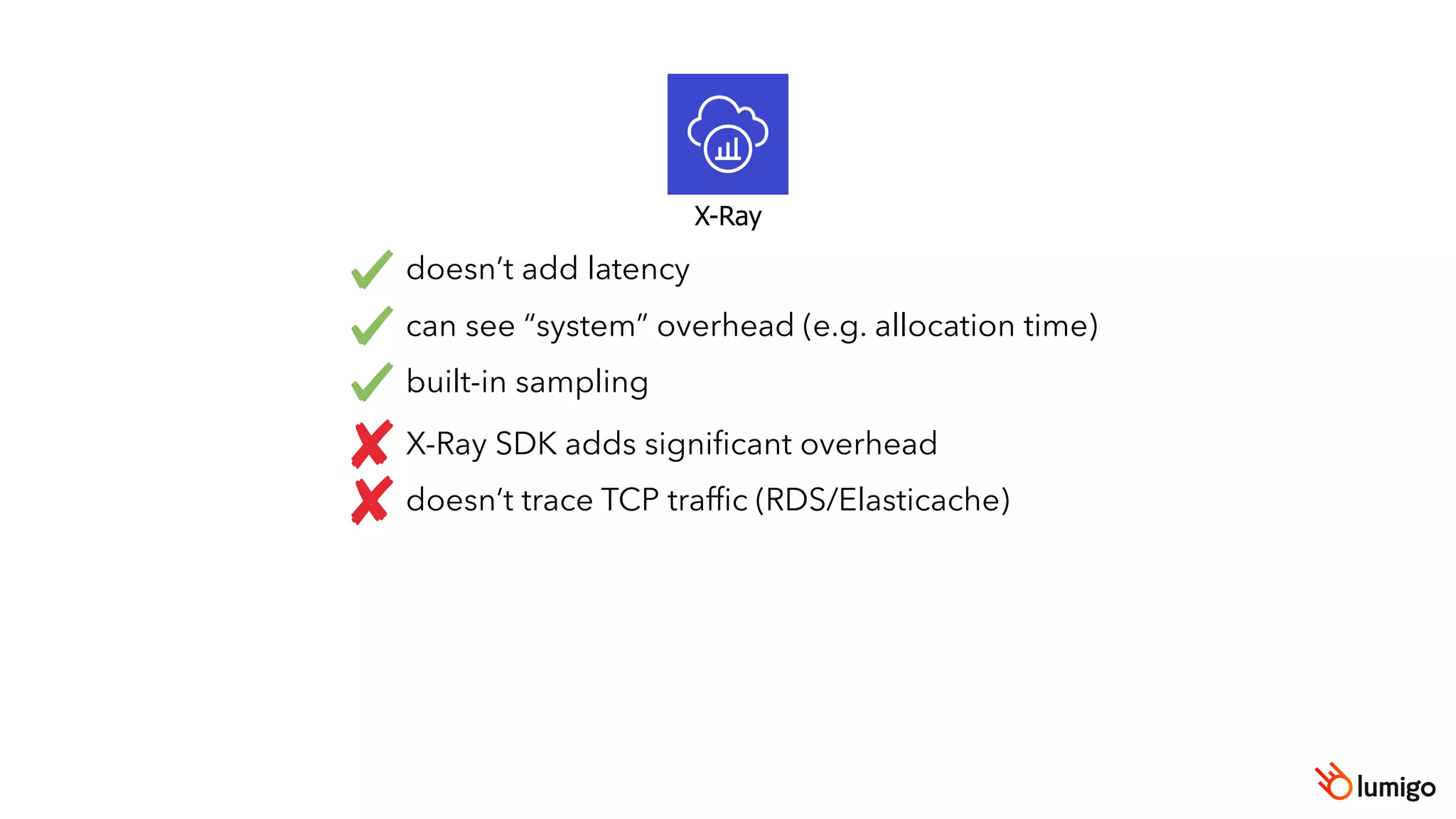 X-Ray
doesn’t add latency
can see “system” overhead (e.g. allocation time)
built-in sampling
X-Ray SDK adds signiﬁcant overhead
doesn’t trace TCP trafﬁc (RDS/Elasticache)
 