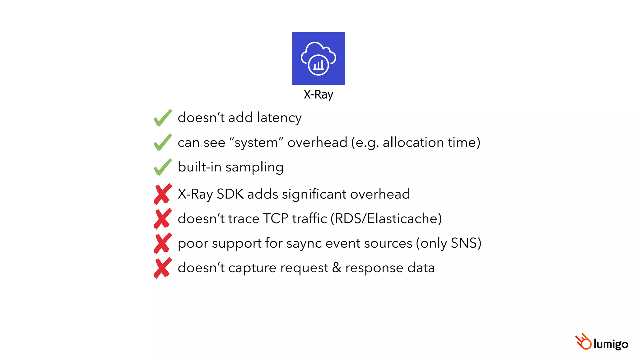 X-Ray
doesn’t add latency
can see “system” overhead (e.g. allocation time)
built-in sampling
X-Ray SDK adds signiﬁcant overhead
doesn’t trace TCP trafﬁc (RDS/Elasticache)
poor support for saync event sources (only SNS)
doesn’t capture request & response data
 