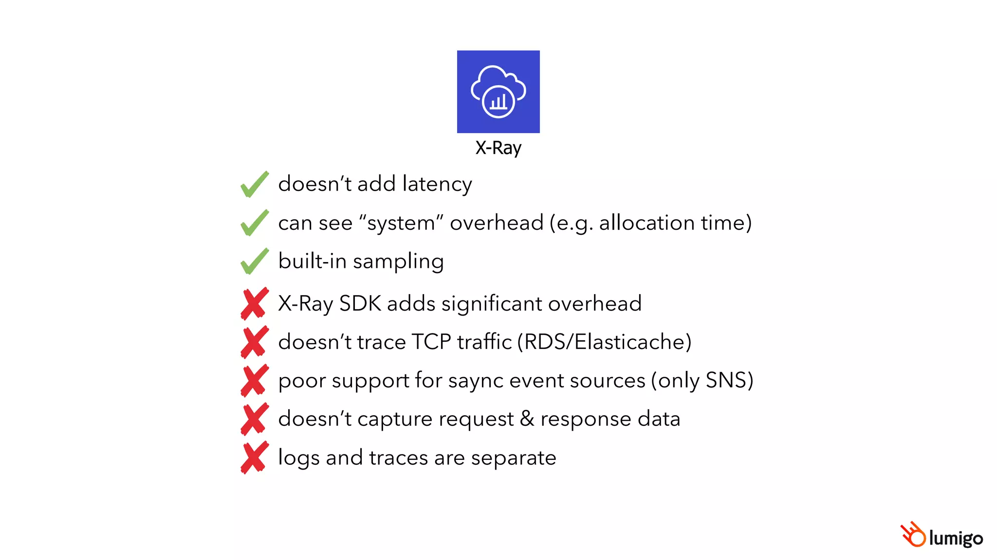 X-Ray
doesn’t add latency
can see “system” overhead (e.g. allocation time)
built-in sampling
X-Ray SDK adds signiﬁcant overhead
doesn’t trace TCP trafﬁc (RDS/Elasticache)
poor support for saync event sources (only SNS)
doesn’t capture request & response data
logs and traces are separate
 