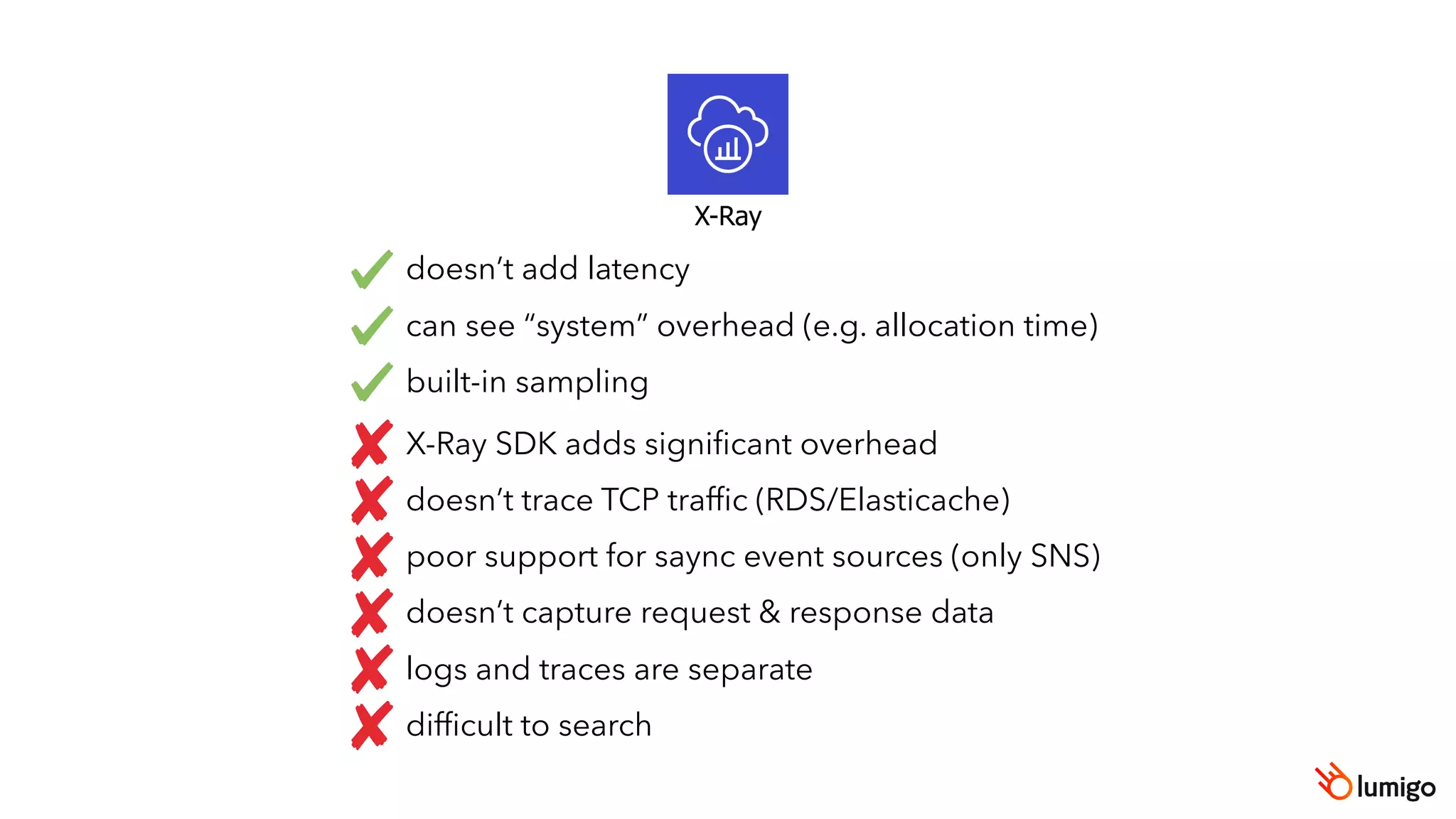 X-Ray
doesn’t add latency
can see “system” overhead (e.g. allocation time)
built-in sampling
X-Ray SDK adds signiﬁcant overhead
doesn’t trace TCP trafﬁc (RDS/Elasticache)
poor support for saync event sources (only SNS)
doesn’t capture request & response data
logs and traces are separate
difﬁcult to search
 