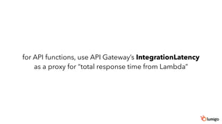 for API functions, use API Gateway’s IntegrationLatency
as a proxy for “total response time from Lambda”
 
