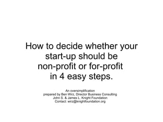 How to decide whether your start-up should be non-profit or for-profit  in 4 easy steps. An oversimplification prepared by Ben Wirz, Director Business Consulting John S. & James L. Knight Foundation Contact: wirz@knightfoundation.org 