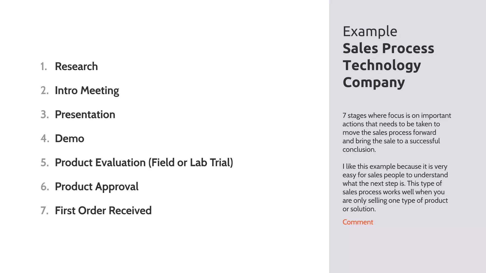 Example
Sales Process
Technology
Company
Comment
7 stages where focus is on important
actions that needs to be taken to
move the sales process forward
and bring the sale to a successful
conclusion.
I like this example because it is very
easy for sales people to understand
what the next step is. This type of
sales process works well when you
are only selling one type of product
or solution.
1. Research
2. Intro Meeting
3. Presentation
4. Demo
5. Product Evaluation (Field or Lab Trial)
6. Product Approval
7. First Order Received
 
