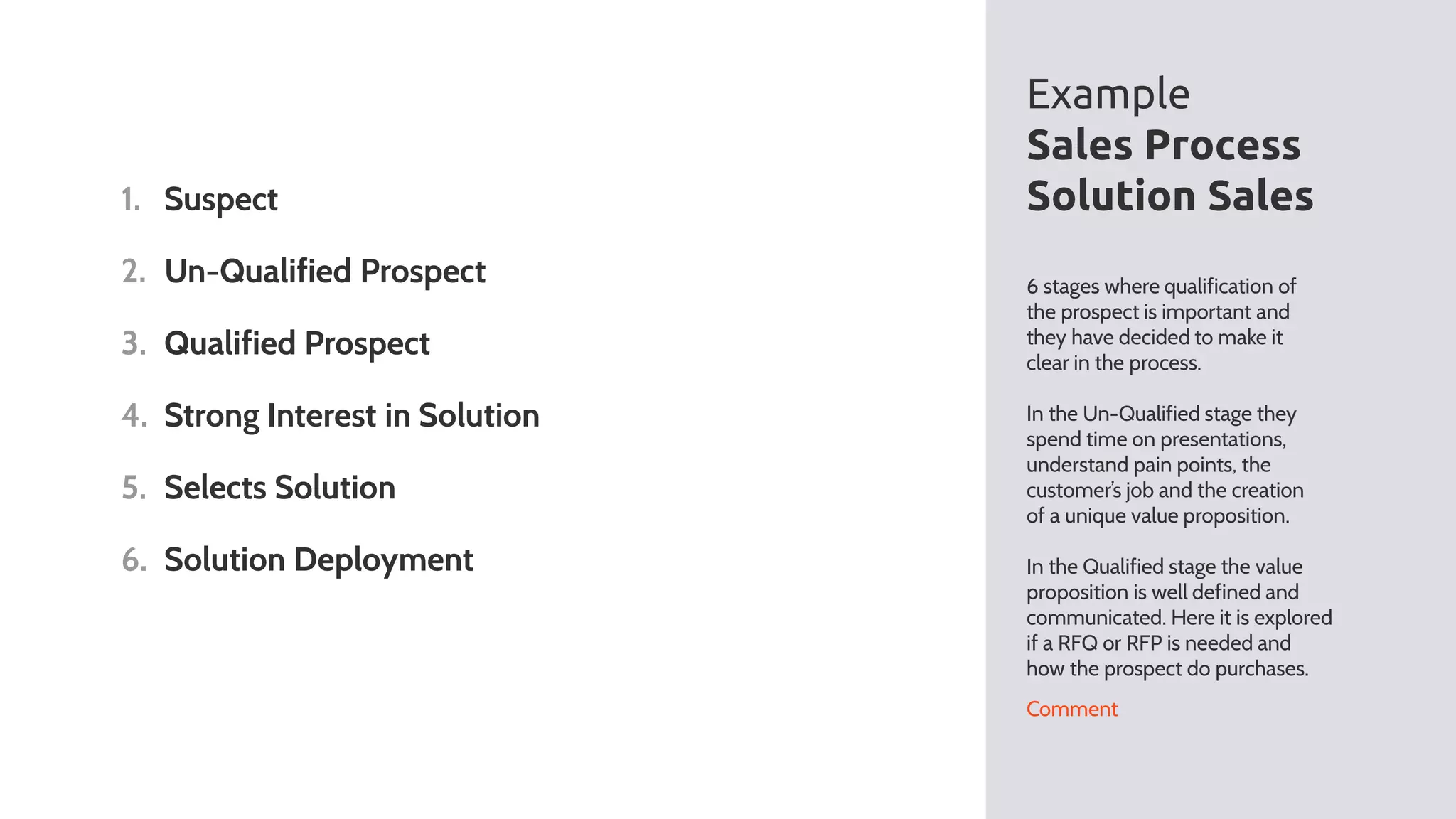 6 stages where qualification of
the prospect is important and
they have decided to make it
clear in the process.
In the Un-Qualified stage they
spend time on presentations,
understand pain points, the
customer’s job and the creation
of a unique value proposition.
In the Qualified stage the value
proposition is well defined and
communicated. Here it is explored
if a RFQ or RFP is needed and
how the prospect do purchases.
Example
Sales Process
Solution Sales
Comment
1. Suspect
2. Un-Qualified Prospect
3. Qualified Prospect
4. Strong Interest in Solution
5. Selects Solution
6. Solution Deployment
 