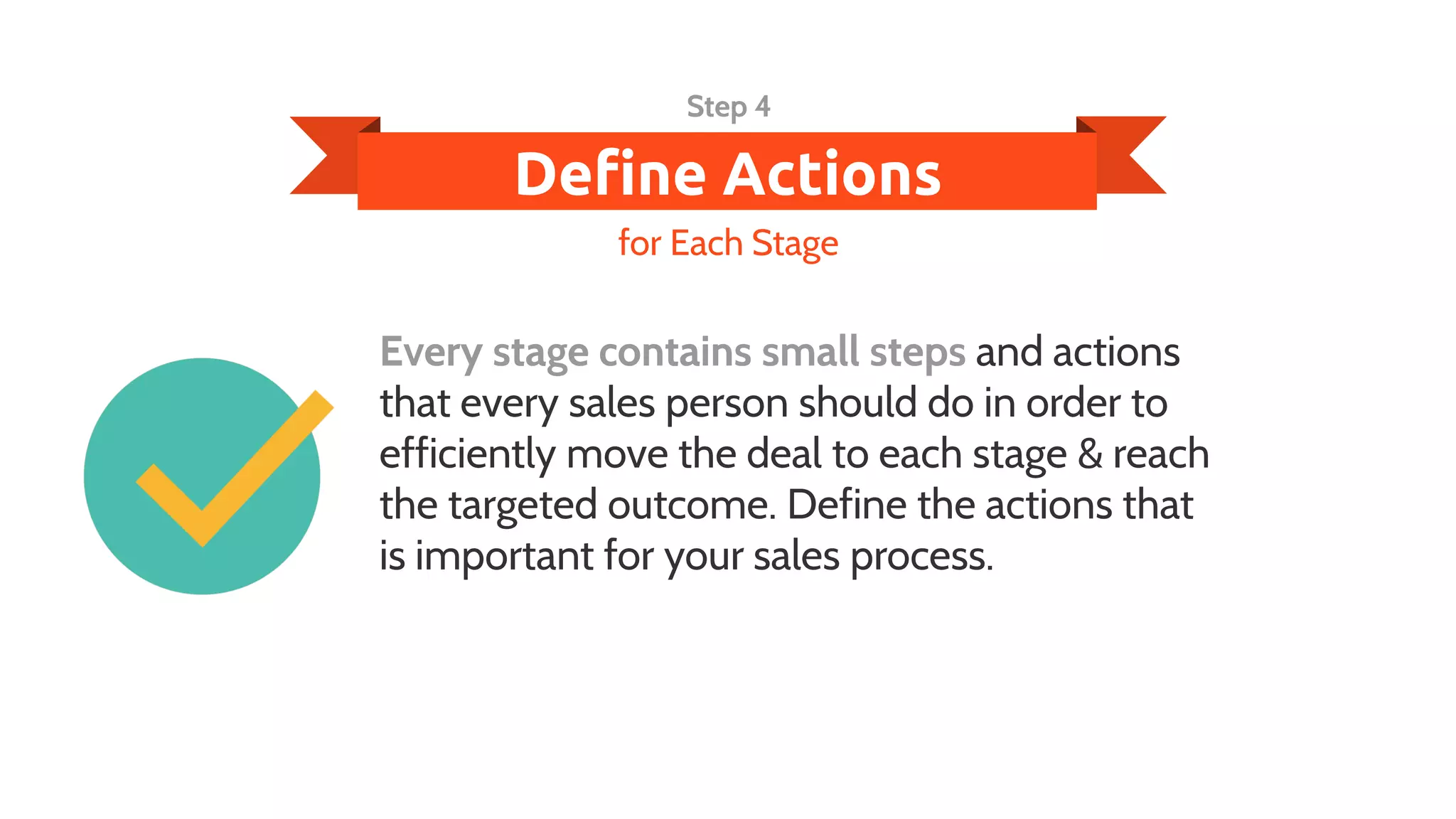 Every stage contains small steps and actions
that every sales person should do in order to
efficiently move the deal to each stage & reach
the targeted outcome. Define the actions that
is important for your sales process.
Step 4
for Each Stage
Define Actions
 