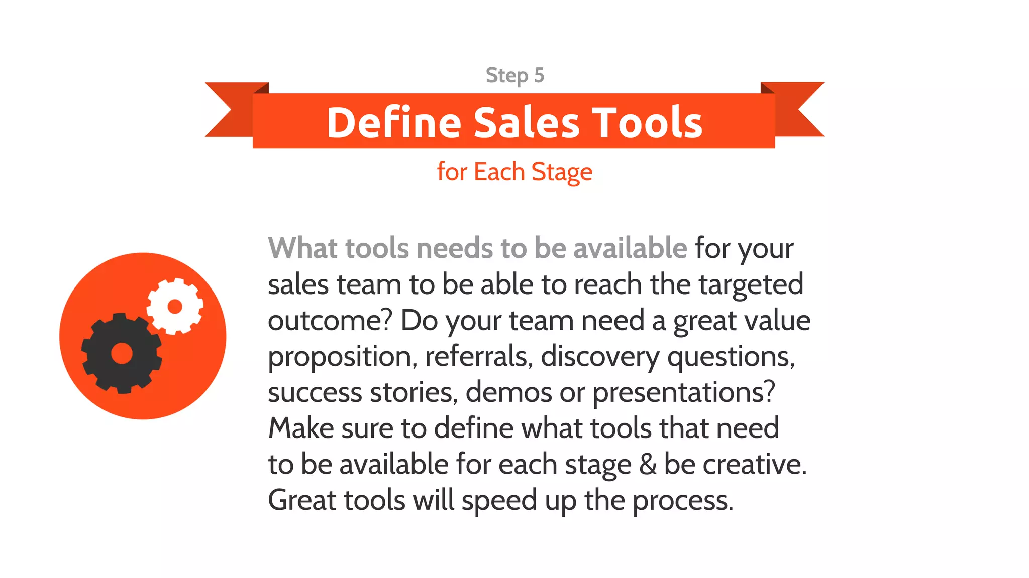 Define Sales Tools
Step 5
What tools needs to be available for your
sales team to be able to reach the targeted
outcome? Do your team need a great value
proposition, referrals, discovery questions,
success stories, demos or presentations?
Make sure to define what tools that need
to be available for each stage & be creative.
Great tools will speed up the process.
for Each Stage
 