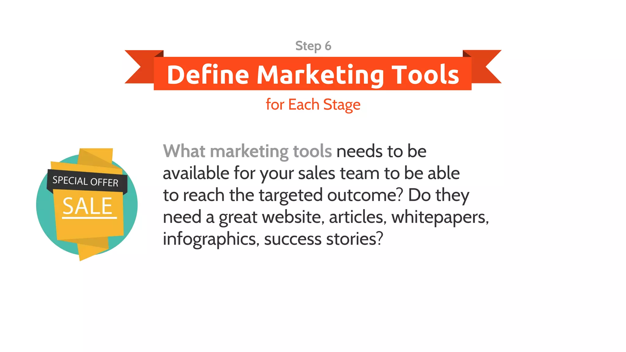 Define Marketing Tools
Step 6
What marketing tools needs to be
available for your sales team to be able
to reach the targeted outcome? Do they
need a great website, articles, whitepapers,
infographics, success stories?
for Each Stage
 