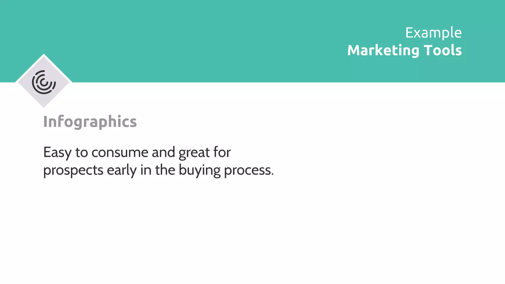 Infographics
Easy to consume and great for
prospects early in the buying process.
Example
Marketing Tools
 