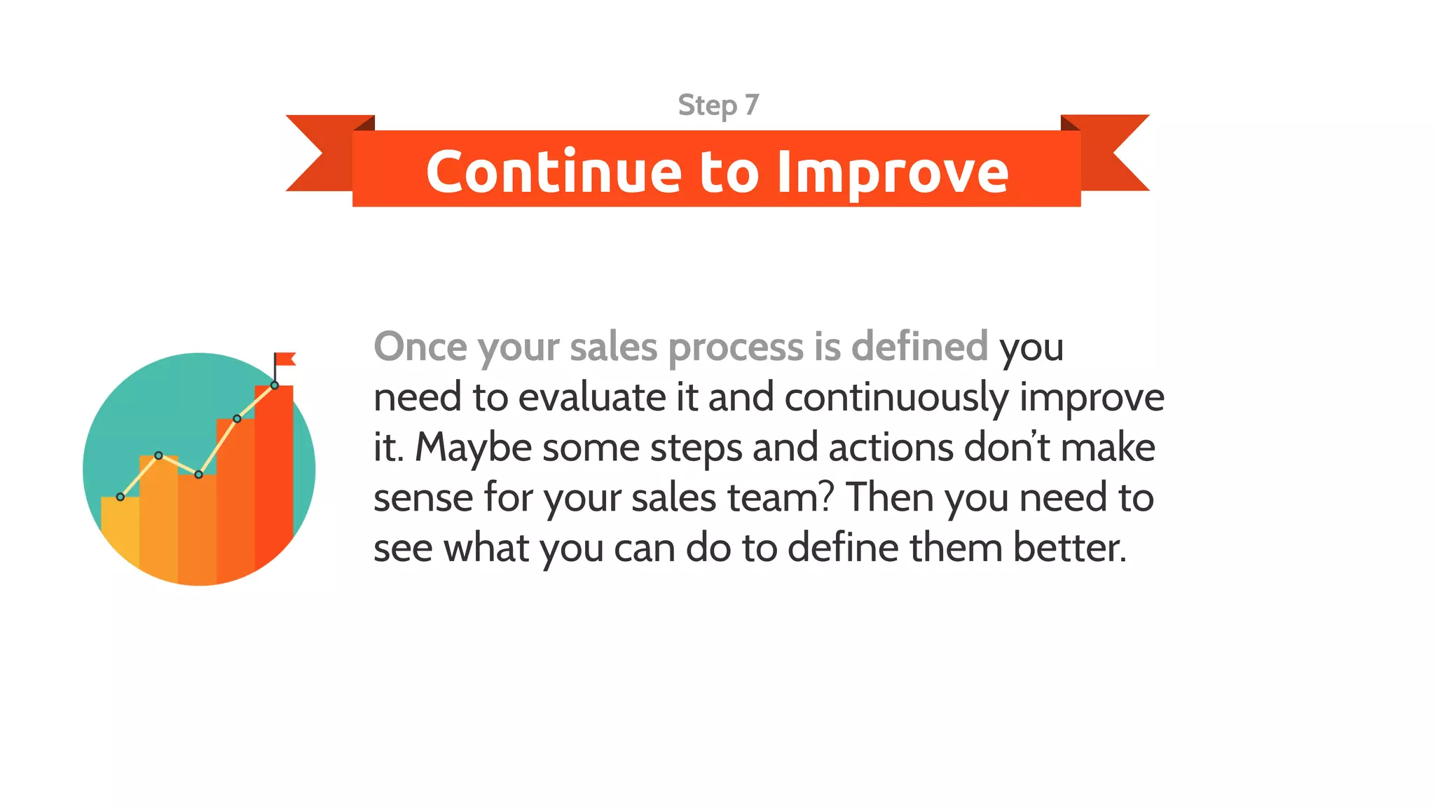 Continue to Improve
Step 7
Once your sales process is defined you
need to evaluate it and continuously improve
it. Maybe some steps and actions don’t make
sense for your sales team? Then you need to
see what you can do to define them better.
 