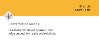 Conversation Guides
Questions that should be asked, clear
value propositions, pains and solutions.
Example
Sales Tools
 