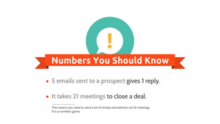 Numbers You Should Know
5 emails sent to a prospect gives 1 reply.
It takes 21 meetings to close a deal.
This means you ne...
