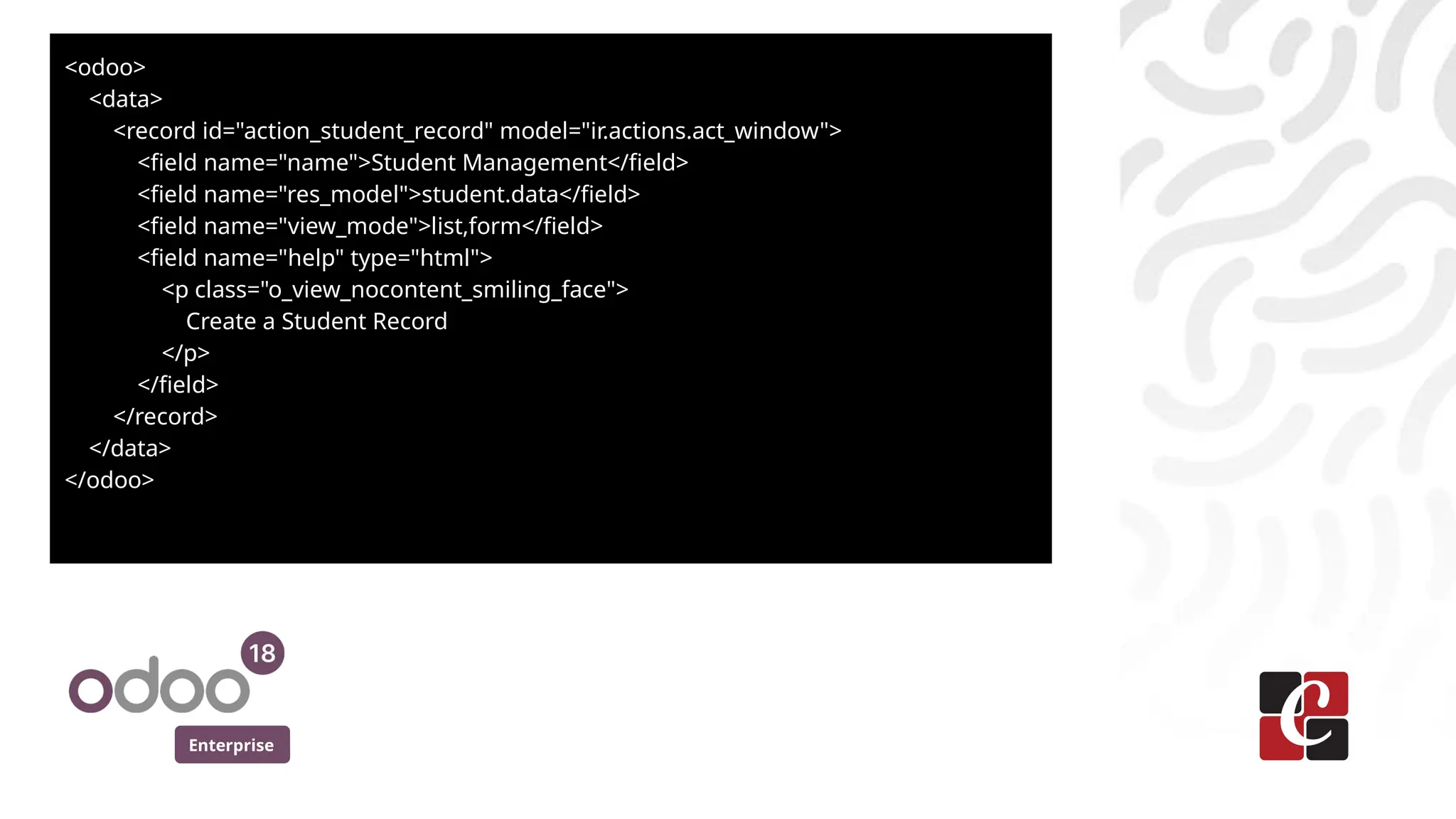 Enterprise
<odoo>
<data>
<record id="action_student_record" model="ir.actions.act_window">
<field name="name">Student Management</field>
<field name="res_model">student.data</field>
<field name="view_mode">list,form</field>
<field name="help" type="html">
<p class="o_view_nocontent_smiling_face">
Create a Student Record
</p>
</field>
</record>
</data>
</odoo>
 