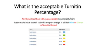 What is the acceptable Turnitin
Percentage?
Anything less than 10% is acceptable by all institutions
Just ensure your overall submission percentage is either Blue or Green
in Turnitin Report
 