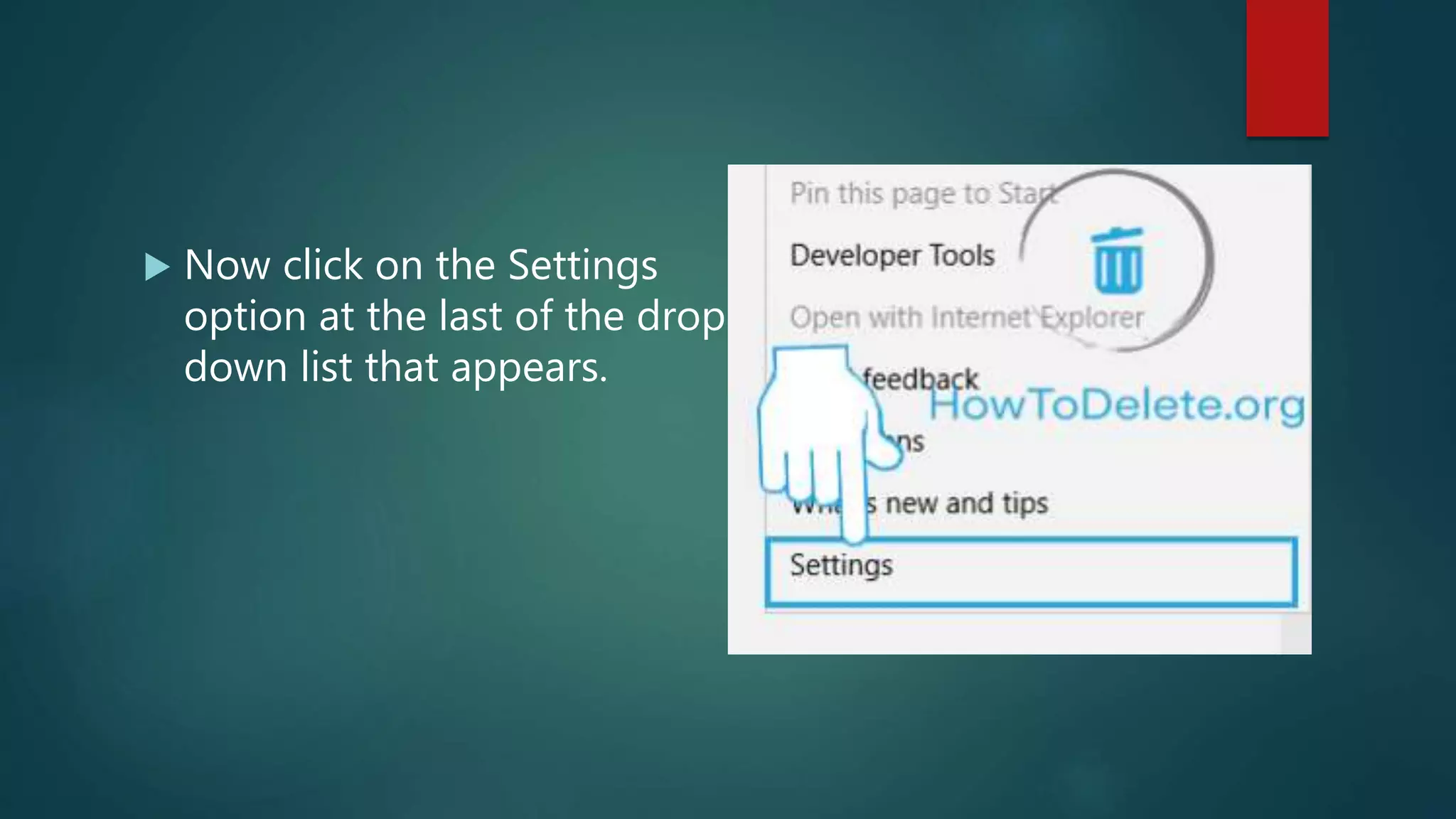  Now click on the Settings
option at the last of the drop-
down list that appears.
 