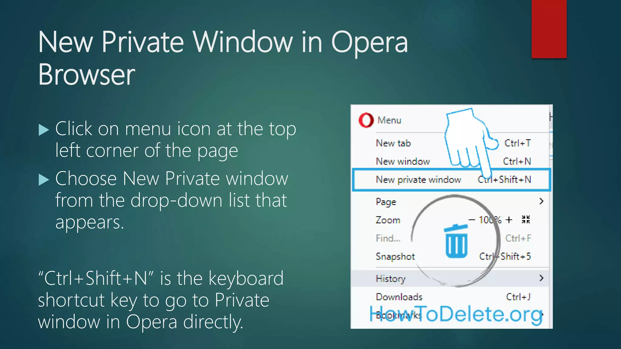 New Private Window in Opera
Browser
 Click on menu icon at the top
left corner of the page
 Choose New Private window
from the drop-down list that
appears.
“Ctrl+Shift+N” is the keyboard
shortcut key to go to Private
window in Opera directly.
 