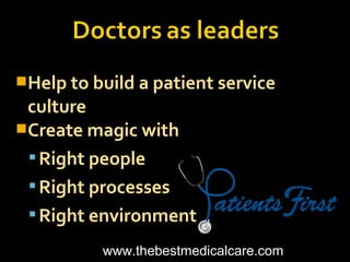 Help to build a patient service
culture
Create magic with
Right people
Right processes
Right environment
www.thebestmedicalcare.com
 