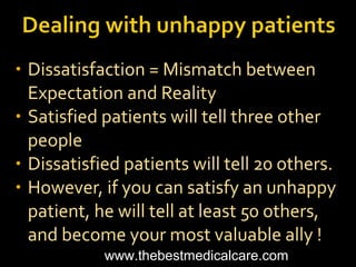 • Dissatisfaction = Mismatch between
Expectation and Reality
• Satisfied patients will tell three other
people
• Dissatisfied patients will tell 20 others.
• However, if you can satisfy an unhappy
patient, he will tell at least 50 others,
and become your most valuable ally !
www.thebestmedicalcare.com
 