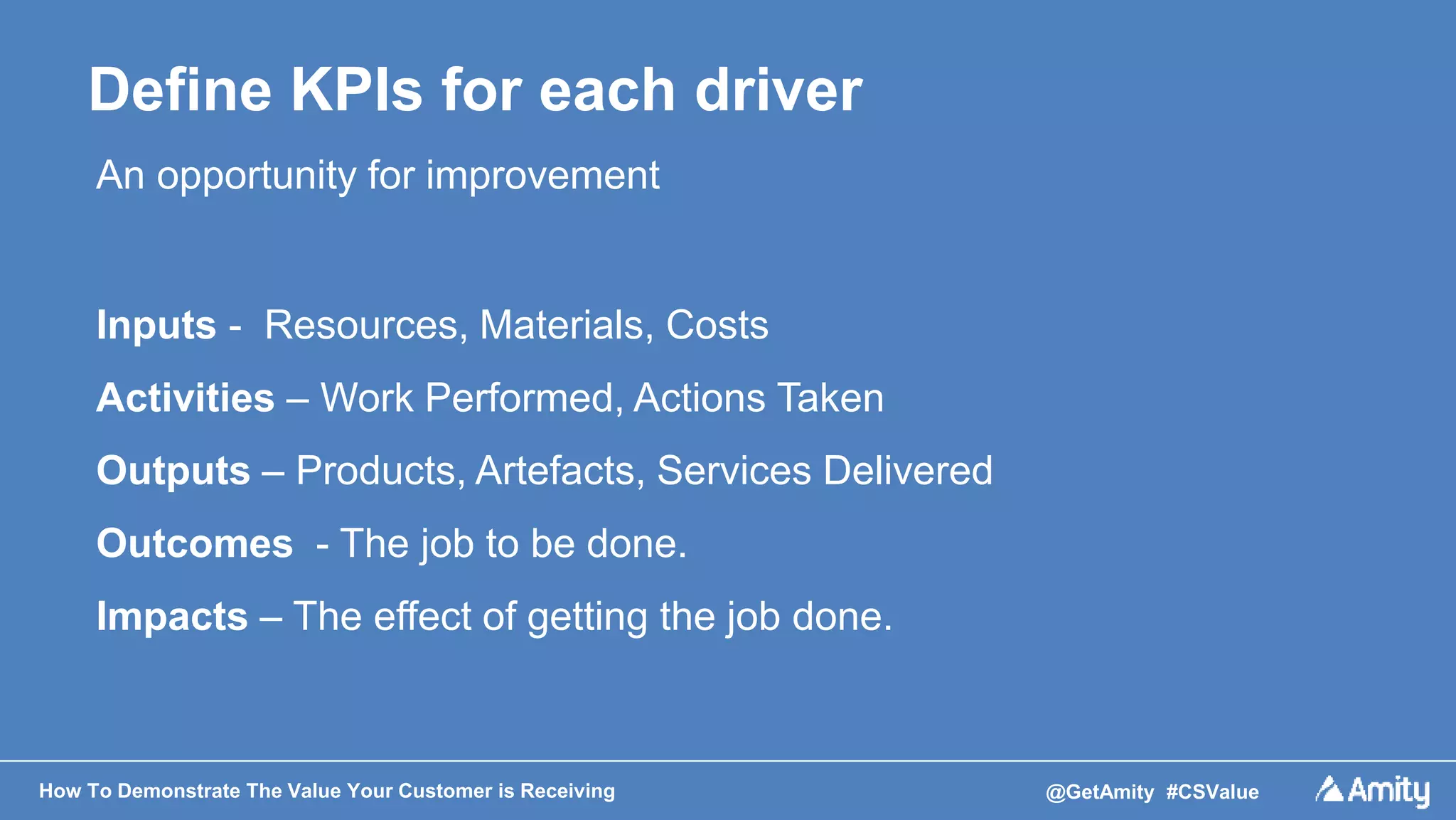 How To Demonstrate The Value Your Customer is Receiving @GetAmity #CSValue
Define KPIs for each driver
An opportunity for improvement
Inputs - Resources, Materials, Costs
Activities – Work Performed, Actions Taken
Outputs – Products, Artefacts, Services Delivered
Outcomes - The job to be done.
Impacts – The effect of getting the job done.
 