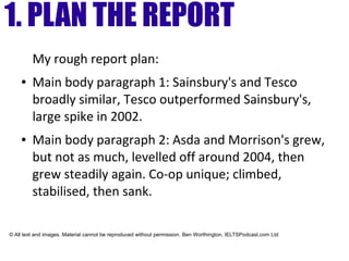 1. PLAN THE REPORT
My rough report plan:
● Main body paragraph 1: Sainsbury's and Tesco
broadly similar, Tesco outperformed Sainsbury's,
large spike in 2002.
● Main body paragraph 2: Asda and Morrison's grew,
but not as much, levelled off around 2004, then
grew steadily again. Co-op unique; climbed,
stabilised, then sank.
© All text and images. Material cannot be reproduced without permission. Ben Worthington, IELTSPodcast.com Ltd
 