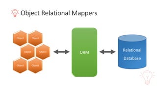 Object	Relational	Mappers
ObjectObject
Object Object
ObjectObject
ORM Relational
Database
 