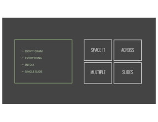 • DON’T	CRAM
• EVERYTHING
• INTO	A
• SINGLE	SLIDE
SPACE IT ACROSS
MULTIPLE SLIDES
 