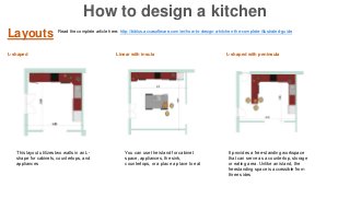 Layouts
L-shaped Linear with insula L-shaped with peninsula
This layout utilizes two walls in an L-
shape for cabinets, countertops, and
appliances
You can use the island for cabinet
space, appliances, the sink,
countertops, or a place a place to eat
It provides a free-standing workspace
that can serve as a countertop, storage
or eating area. Unlike an island, the
freestanding space is accessible from
three sides
Read the complete article here: http://biblus.accasoftware.com/en/how-to-design-a-kitchen-the-complete-illustrated-guide
How to design a kitchen
 