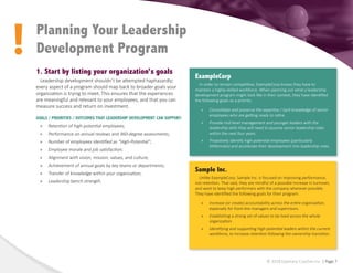!
© 2018 Epiphany Coaches Inc. | Page 7
1. Start by listing your organization’s goals
Leadership development shouldn’t be attempted haphazardly;
every aspect of a program should map back to broader goals your
organization is trying to meet. This ensures that the experiences
are meaningful and relevant to your employees, and that you can
measure success and return on investment.
GOALS / PRIORITIES / OUTCOMES THAT LEADERSHIP DEVELOPMENT CAN SUPPORT:
»
» Retention of high-potential employees;
»
» Performance on annual reviews and 360-degree assessments;
»
» Number of employees identified as “High-Potential”;
»
» Employee morale and job satisfaction;
»
» Alignment with vision, mission, values, and culture;
»
» Achievement of annual goals by key teams or departments;
»
» Transfer of knowledge within your organization;
»
» Leadership bench strength.
Planning Your Leadership
Development Program
ExampleCorp
In order to remain competitive, ExampleCorp knows they have to
maintain a highly-skilled workforce. When planning out what a leadership
development program might look like in their context, they have identified
the following goals as a priority:
»
» Consolidate and preserve the expertise / tacit knowledge of senior
employees who are getting ready to retire.
»
» Provide mid-level management and younger leaders with the
leadership skills they will need to assume senior leadership roles
within the next four years.
»
» Proactively identify high-potential employees (particularly
Millennials) and accelerate their development into leadership roles.
Sample Inc.
Unlike ExampleCorp, Sample Inc. is focused on improving performance,
not retention. That said, they are mindful of a possible increase in turnover,
and want to keep high performers with the company wherever possible.
They have identified the following goals for their program:
»
» Increase (or create) accountability across the entire organization,
especially for front-line managers and supervisors.
»
» Establishing a strong set of values to be lived across the whole
organization.
»
» Identifying and supporting high-potential leaders within the current
workforce, to increase retention following the ownership transition.
 
