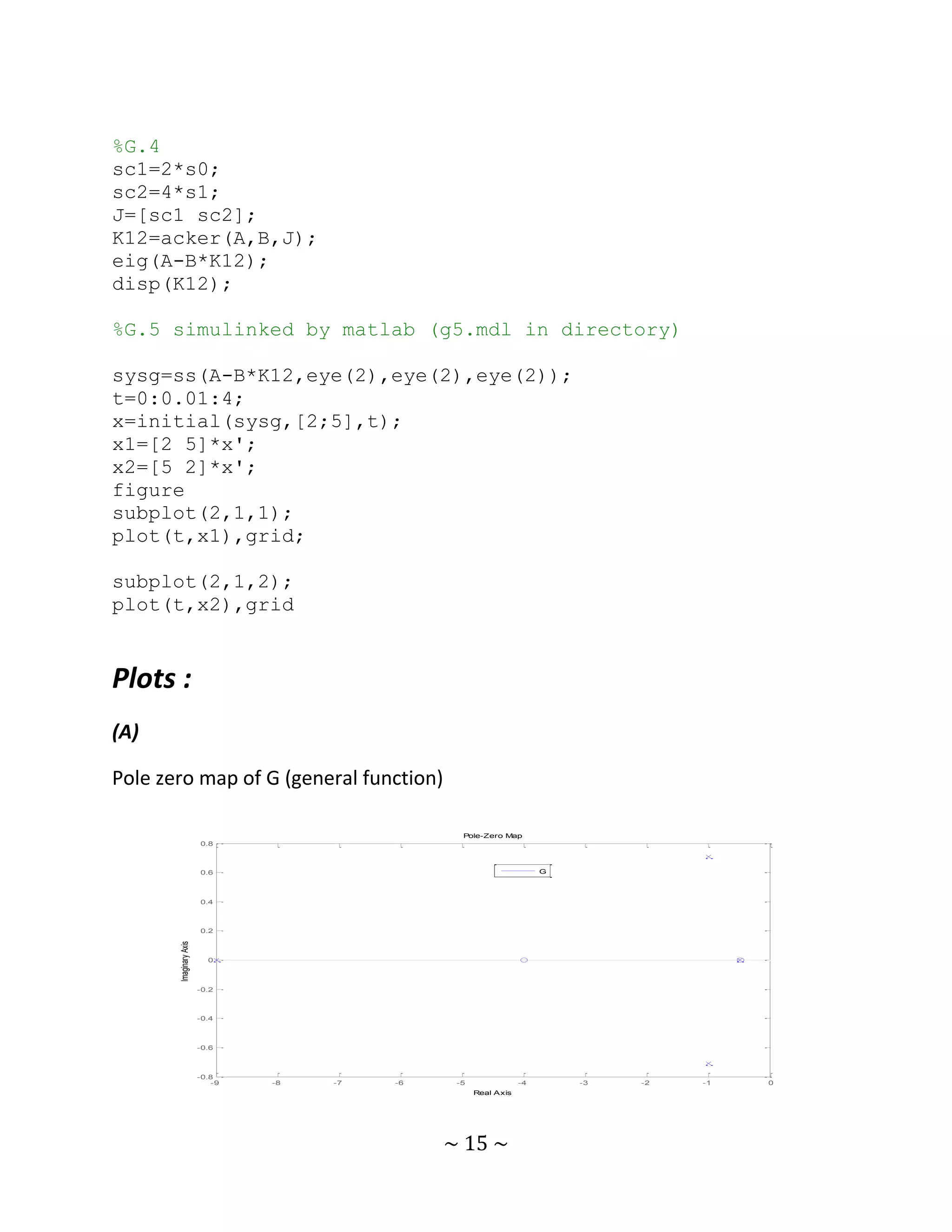 %G.4
sc1=2*s0;
sc2=4*s1;
J=[sc1 sc2];
K12=acker(A,B,J);
eig(A-B*K12);
disp(K12);

%G.5 simulinked by matlab (g5.mdl in directory)

sysg=ss(A-B*K12,eye(2),eye(2),eye(2));
t=0:0.01:4;
x=initial(sysg,[2;5],t);
x1=[2 5]*x';
x2=[5 2]*x';
figure
subplot(2,1,1);
plot(t,x1),grid;

subplot(2,1,2);
plot(t,x2),grid


Plots :
(A)

Pole zero map of G (general function)

                                                 Pole-Zero Map
                        0.8



                        0.6                                           G



                        0.4



                        0.2
       Imaginary Axis




                          0



                        -0.2



                        -0.4



                        -0.6



                        -0.8
                           -9   -8   -7   -6    -5               -4       -3   -2   -1   0
                                                     Real Axis




                                               ~ 15 ~
 