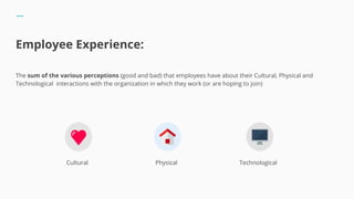 Employee Experience:
The sum of the various perceptions (good and bad) that employees have about their Cultural, Physical ...
