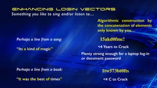 Enhancing login vectors
Perhaps a line from a song:
“Its a kind of magic”
15akd0fmc!
<4 Years to Crack
Plenty strong enough for a laptop log-in
or document password
Perhaps a line from a book:
“It was the best of times”
1tw573bt0fts
<4 C to Crack
Something you like to sing and/or listen to…
Algorithmic construction by
the concatenation of elements
only known by you…
 