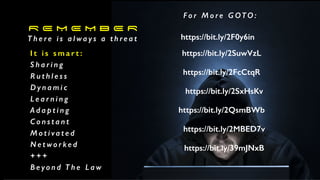 T h e r e i s a l w a y s a t h r e a t
R E M E M B E R
I t i s s m a r t :
S h a r i n g
R u t h l e s s
D y n a m i c
L e a r n i n g
A d a p t i n g
C o n s t a n t
M o t i v a t e d
N e t w o r ke d
+ + +
B e yo n d T h e L a w
F o r M o r e G OTO :
https://bit.ly/2F0y6in
https://bit.ly/2SuwVzL
https://bit.ly/2FcCtqR
https://bit.ly/2SxHsKv
https://bit.ly/2QsmBWb
https://bit.ly/2MBED7v
https://bit.ly/39mJNxB
 