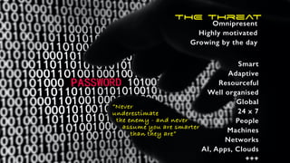 THE Threat
Omnipresent
Highly motivated
Growing by the day
Smart
Adaptive
Resourceful
Well organised
Global
24 x 7
People
Machines
Networks
AI, Apps, Clouds
+++
“Never
underestimate
the enemy - and never
. assume you are smarter
than they are”
 
