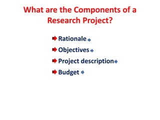 What are the Components of a
Research Project?
Rationale
Objectives
Project description
Budget
 