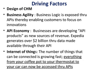 Driving Factors
• Design of CHM
• Business Agility : Business Logic is exposed thru
APIs thereby enabling customers to focus on
innovations
• API Economy : Businesses are developing “API
products” as new sources of revenue. Expedia
generates over $2 billion thru data made
available through their API
• Internet of things: The number of things that
can be connected is growing fast; everything
from your coffee pot to your thermostat to
your car can now be accessed thru APIs
 