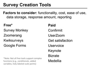 Survey Creation Tools
Factors to consider: functionality, cost, ease of use,
  data storage, response amount, reporting

Free*                                       Paid
Survey Monkey                               Confirmit
Zoomerang                                   UserZoom
Kwiksurveys                                 Get satisfaction
Google Forms                                Uservoice
                                            Keynote
                                            Bizrate
*Note: Not all free tools support complex
functions (e.g., conditionals, added        Medellia
variables, fully labeled scale points)
 