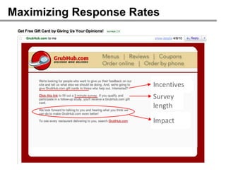 Maximizing Response Rates




                       Incentives
                         incentives
                       Survey
                       length
                       Impact
 