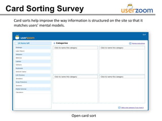 Card Sorting Survey
  Card sorts help improve the way information is structured on the site so that it
  matches users’ mental models.




                                     Open card sort
 