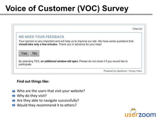 Voice of Customer (VOC) Survey




  Find out things like:

  Who are the users that visit your website?
  Why do they visit?
  Are they able to navigate successfully?
  Would they recommend it to others?
 